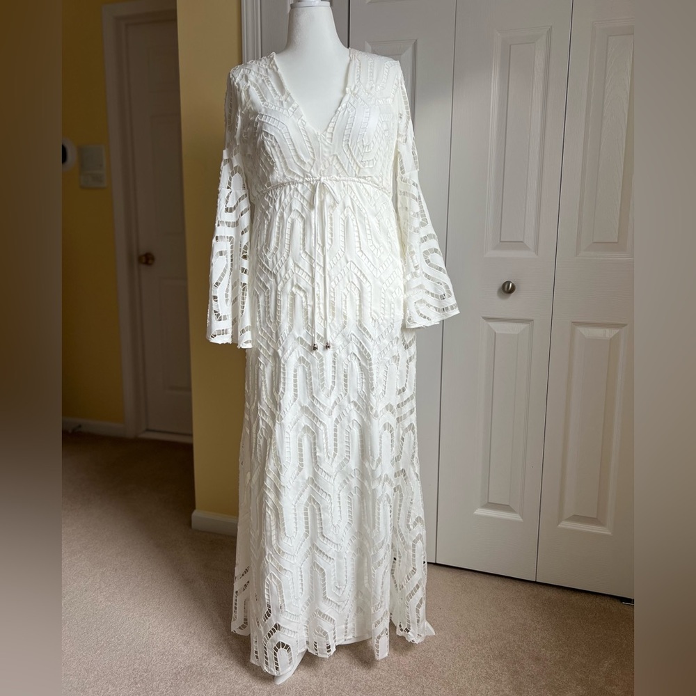 Julian Chang White Bell Sleeve Cut Lace Maxi Dress (12)